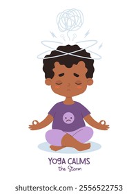 Thoughtful sad afro american boy sits in lotus pose meditates. Confused thoughts and tangled tangle, problem solving depression, sadness. Psychological concept finding solutions. Vector illustration