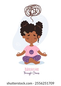 Thoughtful sad afro american curly girl sits in lotus pose meditates. Confused thoughts and tangled tangle, problem solving and messages. Psychological concept finding solutions. Vector illustration