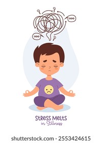 Thoughtful sad boy meditates sits in asana in lotus pose. Confused thoughts and tangled tangle, problem solving depression and sadness. Psychological concept finding solutions. Vector illustration.