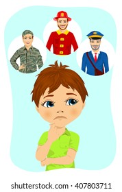 Thoughtful schoolboy thinking about future occupation like a fireman, postman or soldier
