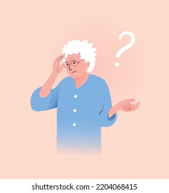 Thoughtful senior woman. Memory disorder concept. Vector illustration.