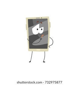 Thoughtful smartphone character with a grey screen, arms and legs cartoon vector Illustration