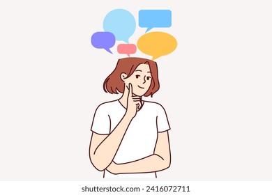 Thoughtful smiling woman coming up with graduation speech, standing with dialogue bubbles above head. Thoughtful girl with positive emotions recalls messages from friends on social networks