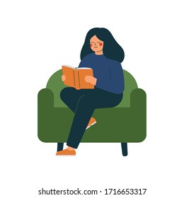 The thoughtful smiling woman is reading a book and enjoying time to yourself at home. Happy girl is sitting and resting with a book on the sofa. Vector illustration in flat style.