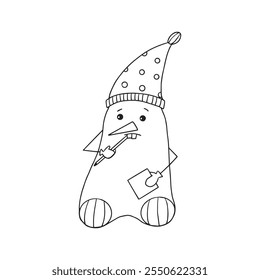 Thoughtful Snowman in a hat with a pencil in his hand thinks what to write in the list for the New Year. Design for the New Year. Coloring book for children