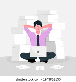Thoughtful and stressful businessman sitting on floor with paper document, vector character.