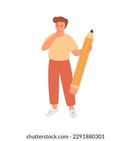 Thoughtful student with large pencil.  Search for idea concept, education or learning boy. Vector isolated illustration. Male with upset face. Character design