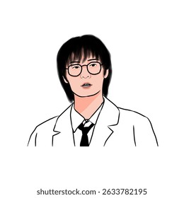 A Thoughtful and Stylish Young Man with Glasses, Dressed Formally in a White Lab Coat