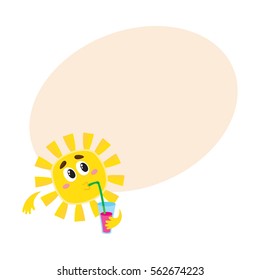 Thoughtful sun drinking cocktail through a straw, cartoon vector illustration on background with place for text. Cute and funny sun character with a soft drink, symbol of summer and vacation