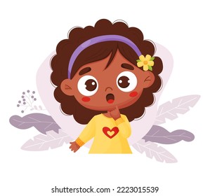 Thoughtful surprised cute black ethnic girl. Vector illustration in cartoon style. Female beautiful character child for design, decor, baby collection