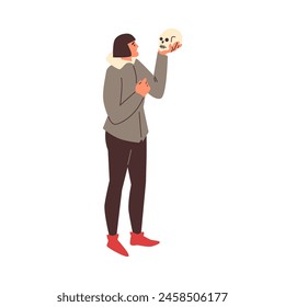 A thoughtful theater actor holds a skull, pondering a scene. Vector illustration in a modern interpretation of a classic theatrical moment of Hamlet.