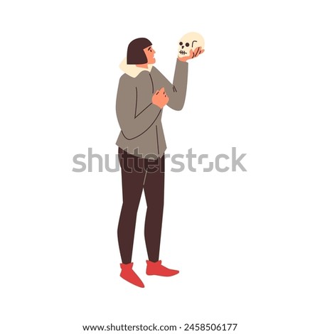 A thoughtful theater actor holds a skull, pondering a scene. Vector illustration in a modern interpretation of a classic theatrical moment of Hamlet.