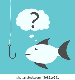 Thoughtful uncertain hesitant fish with black fins looking questioningly at empty fishhook without bait. EPS 8 vector illustration, no transparency