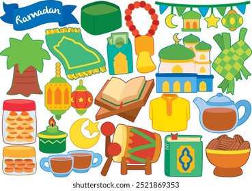 Thoughtful vector illustration representing Puasa Ramadan, featuring symbolic elements like crescent moons, prayer beads, and lanterns. Perfect for religious themes, cultural projects.