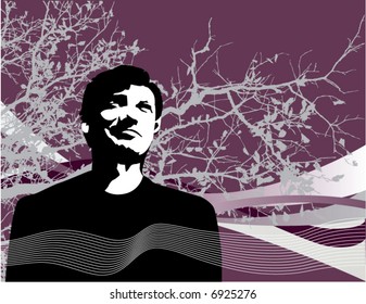 A thoughtful vector man in an abstract background setting