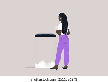 A thoughtful voter engages with a transparent ballot box during an election, pondering civic responsibilities 