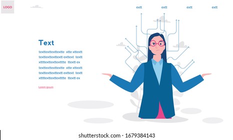 Thoughtful woman and arrows coming out of his head. Make a choice, hard decision. Vector illustration for web banner, infographics, mobile