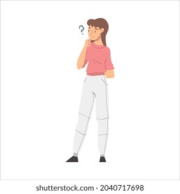 Thoughtful Woman Character and Question Mark Thinking Over the Matter Full Height Vector Illustration