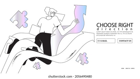 Thoughtful woman choose way concept. Start of career. Confident businesswoman thinking about the right path. Pathway selection dilemma. Vector illustration of female character riding arrow.