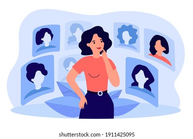 Thoughtful woman choosing hairstyle in cyber space isolated flat vector illustration. Cartoon lady looking at various haircut at internet online. Digital technology and beauty concept