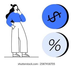 Thoughtful woman contemplating with hand on chin beside blue icons dollar sign and percentage symbol. Ideal for financial planning, budgeting, investment advice, economic studies, savings strategy