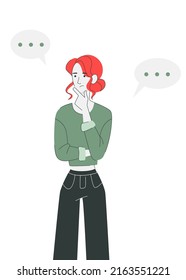 Thoughtful woman is discussing the issue. Gesture "thinking".  Isolated illustration of young woman. Dialogue clouds. Vector illustration