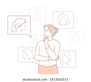 A thoughtful woman is exploring an array of different hairstyles through detailed illustrated profiles