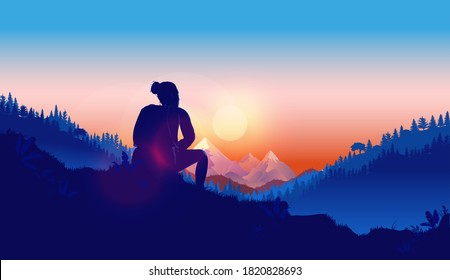 Thoughtful woman - Female person sitting outdoors thinking, reflecting and contemplating about her life and future. Solitude, melancholy and lost in thoughts concept. Vector illustration.