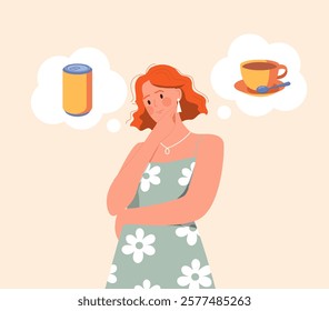 A thoughtful woman in a floral dress deciding between a cup of tea and a soda can. Minimalist cartoon style on a beige background. Concept of choices. Flat cartoon vector illustration