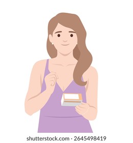 Thoughtful Woman Holding a Small Box. Flat vector illustration isolated on white background