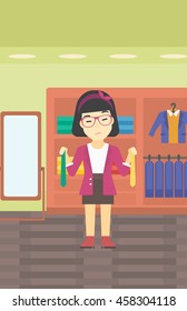 Thoughtful woman holding two neckties and trying to choose the best one. An asian upset female customer choosing necktie at clothing store. Vector flat design illustration. Vertical layout.