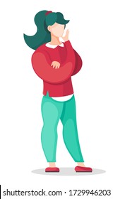 Thoughtful woman isolated at white background. Brunette with ponytail wearing red sweater with white shirt under, green pants and red shoes. Young stylish modern lady. Vector cartoon character