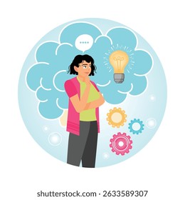 A thoughtful woman with a light bulb and gears, symbolizing thinking, brainstorming and creativity in problem-solving. Brain activity concept.