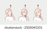 Thoughtful woman making curious face expression isolated on white background. Concept of question, curiosity, wonder, thinking, feeling doubt. Confuse woman. Flat vector illustration character.