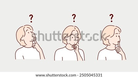 Thoughtful woman making curious face expression isolated on white background. Concept of question, curiosity, wonder, thinking, feeling doubt. Confuse woman. Flat vector illustration character.