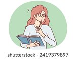 Thoughtful woman with open textbook puts pen to chin remembering correct answer to questions. Perplexed girl student casual t-shirt stands with book to prepare for exams. Flat vector illustration