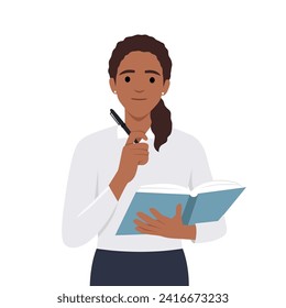 Thoughtful woman with open textbook puts pen to chin remembering correct answer to questions. Flat vector illustration isolated on white background