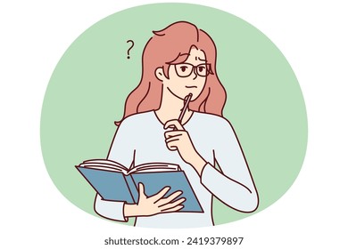 Thoughtful woman with open textbook puts pen to chin remembering correct answer to questions. Perplexed girl student casual t-shirt stands with book to prepare for exams. Flat vector illustration