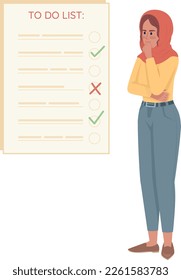 Thoughtful woman organizing tasks in to do list semi flat color vector character. Editable concept. Simple cartoon style illustration for web graphic design and animation. Quicksand Medium font used