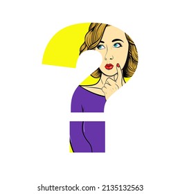 Thoughtful woman in a question mark. Vector illustration