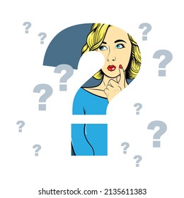 Thoughtful Woman Question Mark Vector Illustration Stock Vector Royalty Free