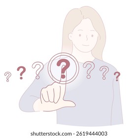 A thoughtful woman questions ideas, shown with floating question marks symbolizing inquiry and exploration