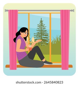A  thoughtful woman sits on a window ledge with a warm beverage, looking outside at nature. Captures relaxation and a peaceful moment of introspection. Young thoughtful woman concept.