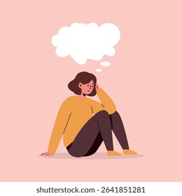 Thoughtful Woman Sitting with a Cloud Bubble on Pastel Background