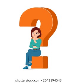Thoughtful Woman Sitting on Question Mark, Contemplating and Seeking Answers Illustration