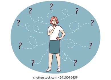 Thoughtful woman solves difficult business problem and scratches chin standing among question marks. Smart girl is brainstorming alone thinking about place for education or career. Flat vector image