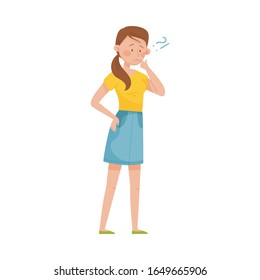 Thoughtful Woman Standing with Her Finger on Her Lips and Question Mark Vector Illustration