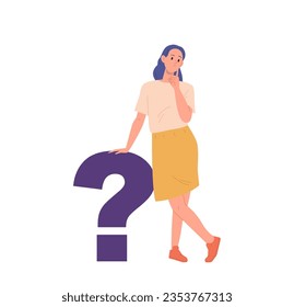 Thoughtful woman standing nearby huge question mark symbol vector illustration on white background