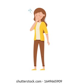 Thoughtful Woman Standing Touching Her Chin and Question Mark Vector Illustration
