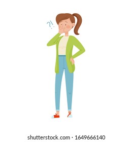 Thoughtful Woman Standing Touching Her Chin and Question Mark Vector Illustration